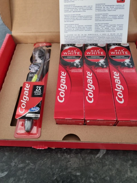 3x Colgate MaxWhite Set Dentifricio Sbiancante Dolce ANTRACITE con Spazzolino da Denti