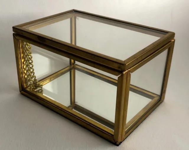 ❤️Vintage MIRRORED BASE Brass Glass Trinket Jewellery Box Dressing Table Storage