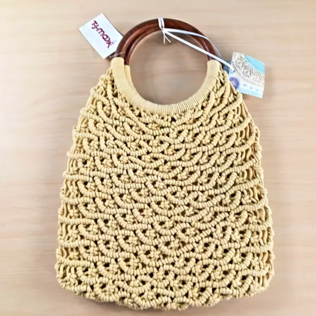 Sigrid Olsen Handmade Macrame Crochet Purse Handbag Natural Cotton Bamboo Handle