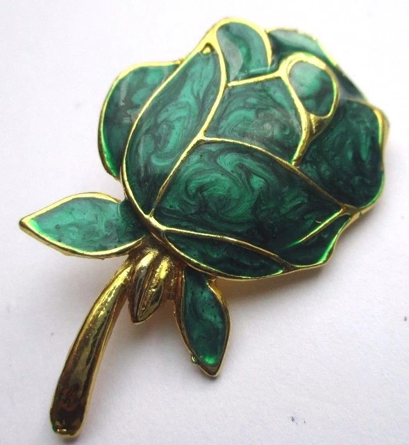Broche Vintage Fleur Rose En Or Rose Avec émail Vert - Bijou Rétro Femme