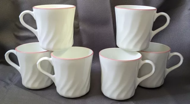 Set of 6 CORNING CORELLE WHITE SWIRL Pink Rim COFFEE CUPS MUGS Vintage USA