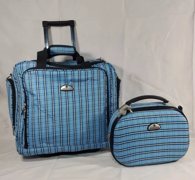 American Flyer Luggage 2 Piece Set telescoping handle Blue Plaid Carry-on