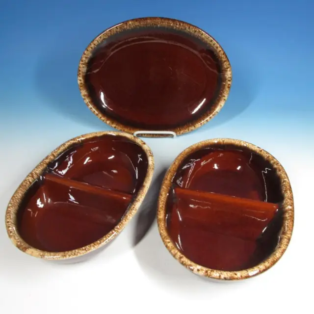 Hull Oven Proof Brown Drip Glaze Pottery - 2 Divided Serving Bowls, 12" Platter