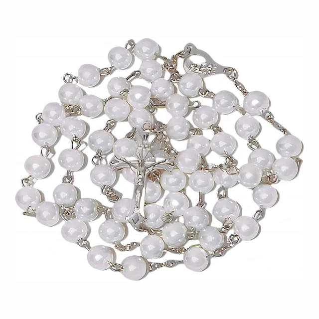 NEW Catholic Rosary 22" Necklace (White and Silver) For Women and Girls