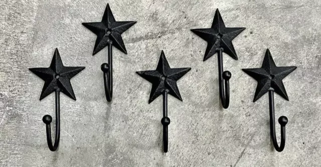Set of (5) Star Shaped 4.5" Long Primitive Cast Iron Wall Hooks
