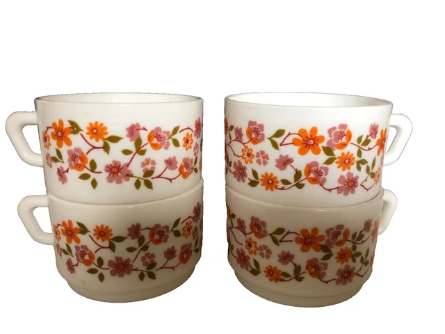 Lot 3 Tasses Vintage Arcopal France D 7,5 Cm Fleurs Orange