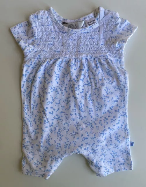 Bebe by Minihaha baby girl size 0-3 months blue white floral romper, VGUC