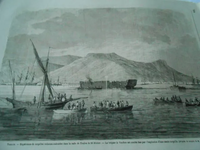Gravure 1866 - Toulon expérience de Torpille volantes dans la rade