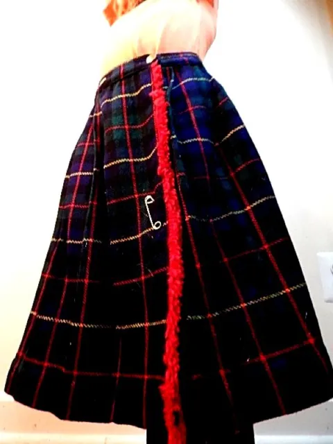 Vintage 1960s Winter Wool Navy Tartan Plaid Skirt Kilt Pin School Girl Uniform