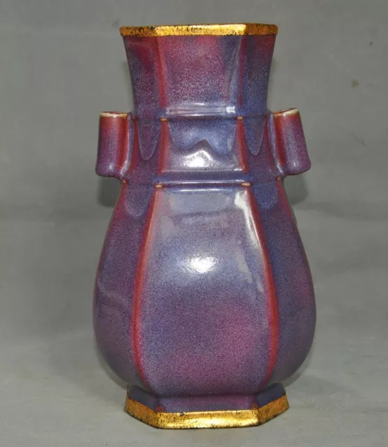 10.6" old chinese Song dynasty jun kiln porcelain gilt flower bottle vase