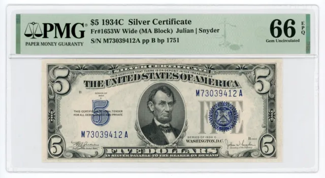 1934-C Fr.1653w (Wide) $5 U.S. Silver Certificate Note - PMG Gem 66 EPQ