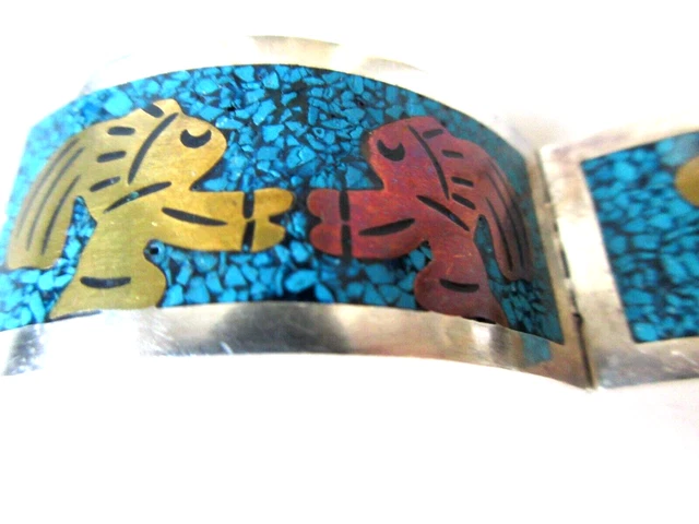 Bracelet Vintage Mexicain En Argent Massif 925 Avec Turquoise - Années 60-70