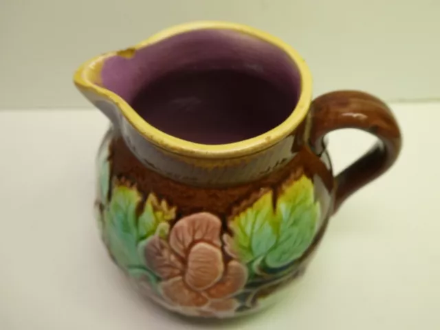 Antique Majolica Embossed Floral Leaf Pottery Jug 2