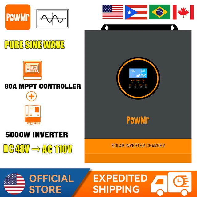 5000W SOLAR INVERTER Hybrid 48V DC to 110V AC Off-Grid 80A MPPT Solar ...