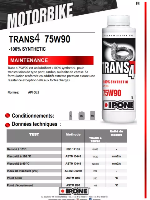 Bidon 1L huile transmission IPONE Trans 4 Moto Quad 4 temps Boite Pont 75W90 2