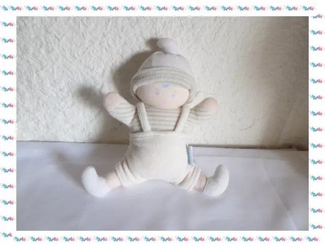 F - Doudou Poupée Lutin Garçon Grelot Salopette Bonnet Blanc Corolle F -