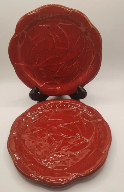 VTG. Vietri Foglia Leonardo Majolica Red Leaves plates Italian Ceramic SET OF 2