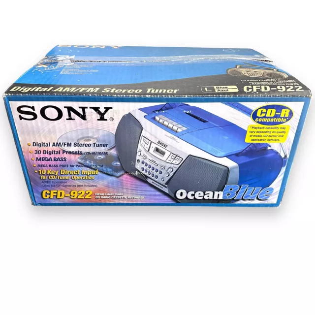 Sony CFD-922 Boombox CD- Cassette Radio with MEGA Bass BLUE -FOR PARTS - IN BOX