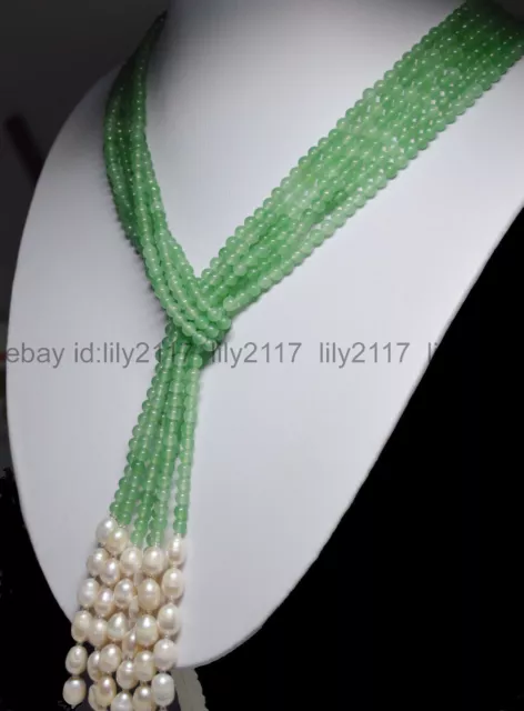 Beautiful 3 Strands Natural 4mm Green Jade White Freshwater Pearl Necklace 50"
