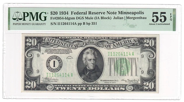 1934 $20 Minneapolis FRN. Fr#2054-Idgsm. PMG AU55 EPQ. Y00011235
