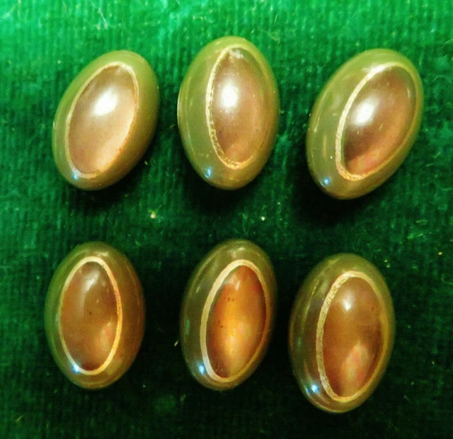 BOUTON ancien BAKÉLITE OEIL de CHAT vert  ART DÉCO - LOT de 6 BOUTONS ovales