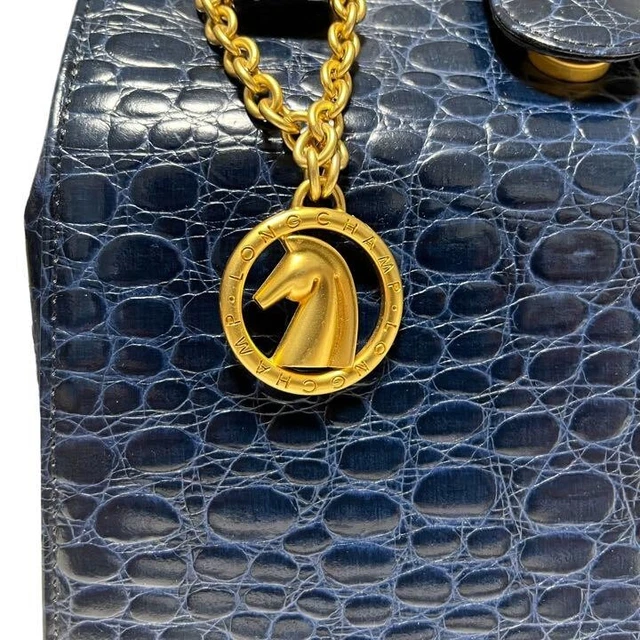 Longchamp Leather Handbag Tote Bag Croc embossed Blue with Gold Charm 8