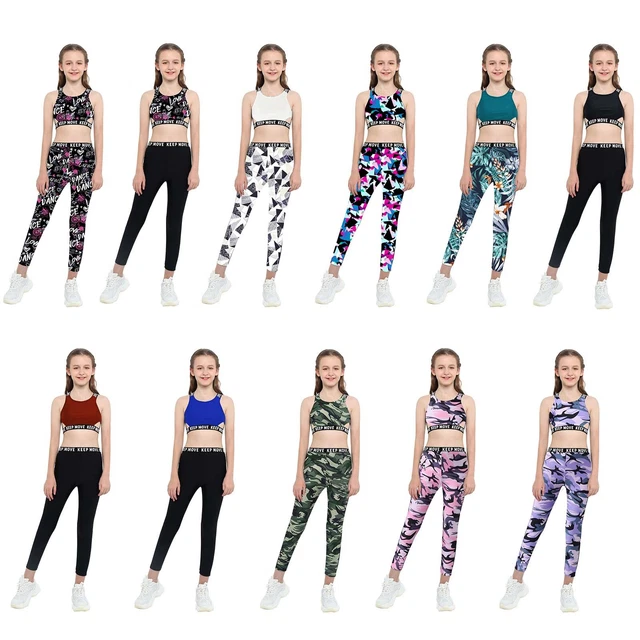 Summer 2Pcs Kids Girls Sport Suit Tank Top Leggings Running Gymnastics Yoga Sets