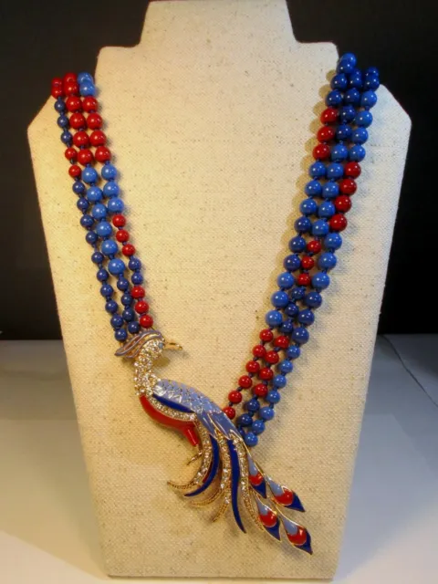 J. Crew Signed Hand Knotted Enamel & Rhinestone Peacock Necklace