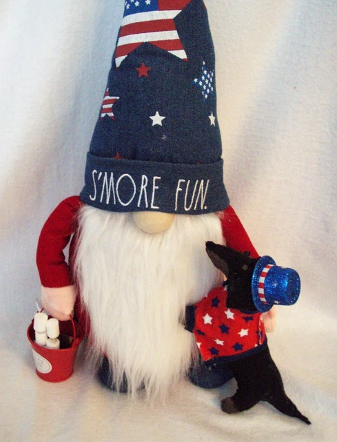 Dachshund Black Tan Felt Sculpture Summer Plush Patriotic Gnome w/ s'more bucket