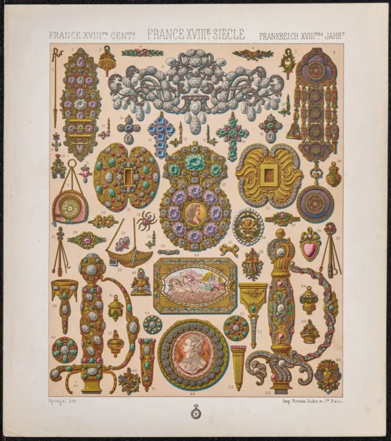 1890 - Bijoux et joaillerie du XVIIIème - Lithographie ancienne - Parures