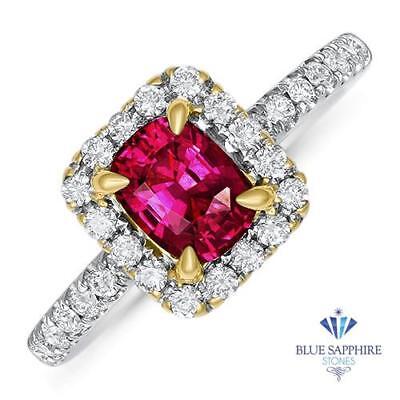 Certified 1.11ct Cushion Natural Ruby Ring with Diamond Halo in 18K White Gold