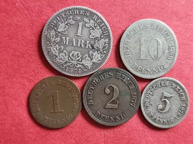 Set Kleiner Adler 1, 2, 5, 10 Pfennig Und 1 Mark, Aus 1873 - 1889 Kaiserreich
