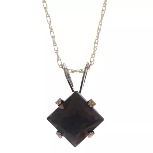 Princess Smoky Quartz Solitaire Pendant & Necklace - 10k Yellow Gold 18" Chain