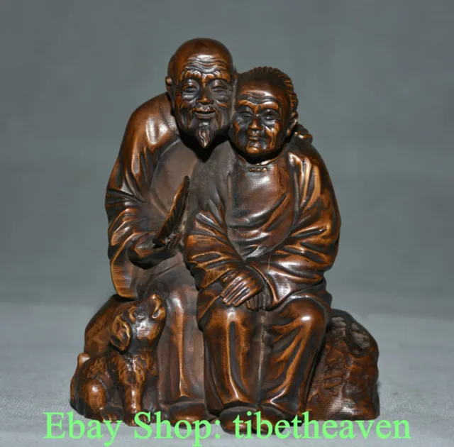 4.6" Old China Boxwood Hand-carved Feng Shui Family Old Man Couple Dog Statue