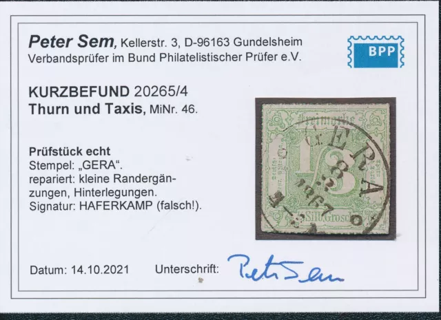 Thurn und Taxis 1866, MINr 46 gest., KB Sem BPP, Mi 750,-