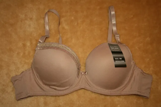 Beige 38B Bra w shiny lace on one of the cups & a bow in the middle