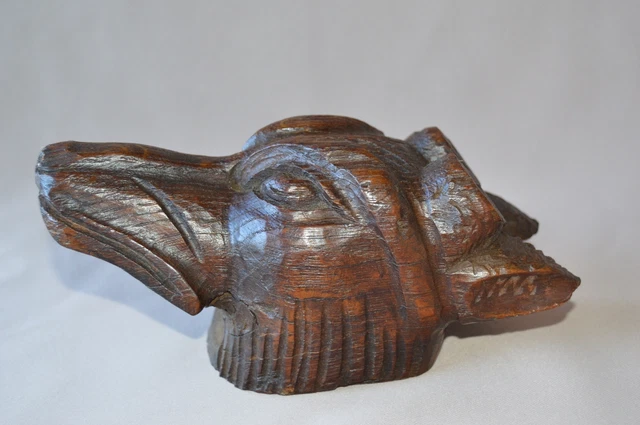 Antique French Black Forest Hand Carved Oak Wood Stag Head Pediment 2