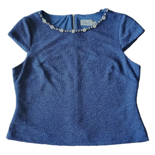 Eliza J dark blue sparkle short sleeve formal  jeweled neckline stretch top 14