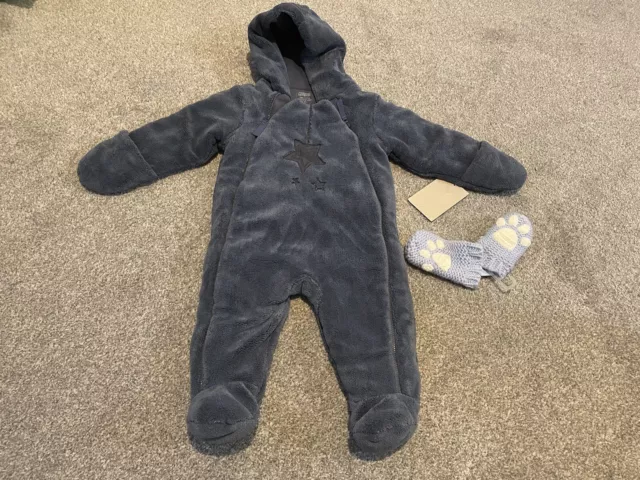 Mamas & Papas Baby Boys Dark Blue Hooded Snowsuit & Joules Mittens Age 6-9 New