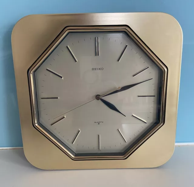 Vintage 1980s 1970s Seiko Quartz square octagon Wall Clock Gold Retro Vintage