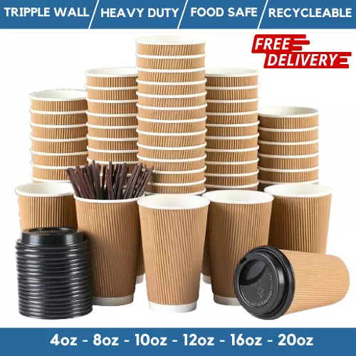 DISPOSABLE COFFEE CUPS Paper Kraft Ripple Cups & Lids Hot Drinks Triple ...