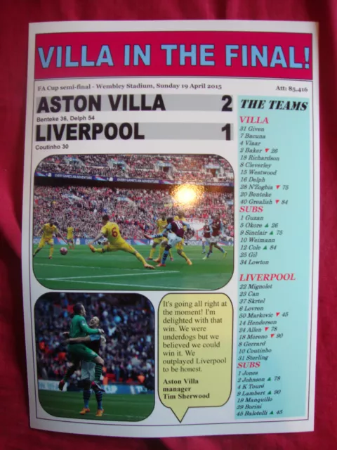 Aston Villa 2 Liverpool 1 - 2015 FA Cup semi-final - souvenir print