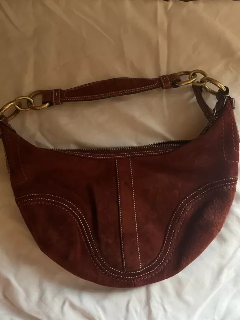 Red Maroon Suede Coach Half Moon Crescent Bag Purse Buckles