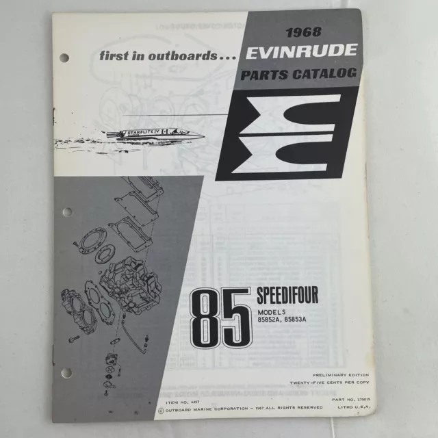 Vintage OMC 1968 Evinrude Parts Catalog 85 HP Speedifour 85852A 85853A