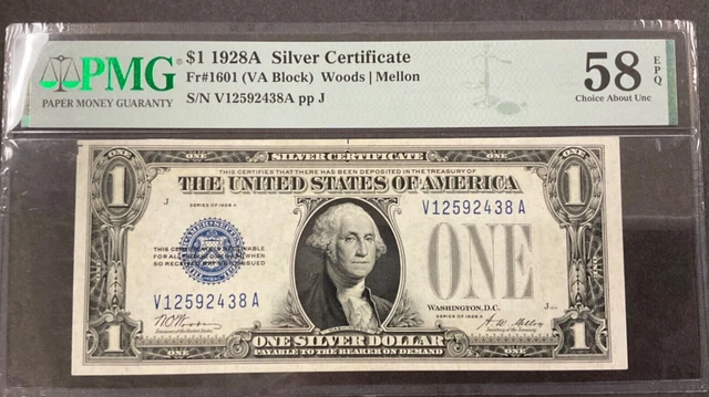 1928A $1 Silver Certificate  FUNNY BACK Fr#1601 PMG 58 Choice About UNC. - EPQ