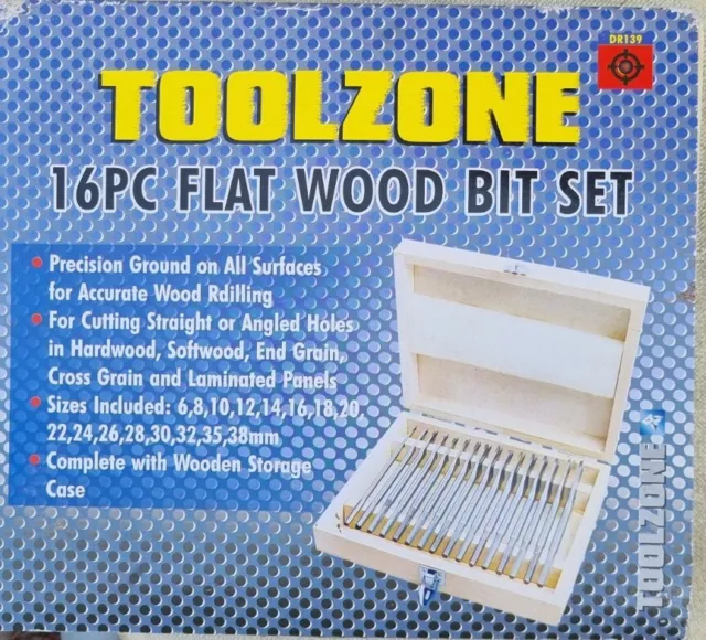 WOOD DRILL BIT TOOL SET Toolzone 16 PIECE FLAT / SPADE  6-38mm