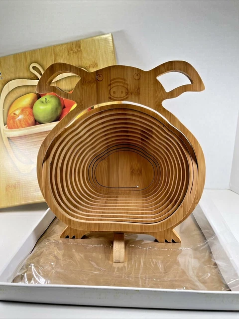 VTG NOS IN BOX Folding Collapsible Wooden PIG Shaped Bowl Basket Trivet Decor