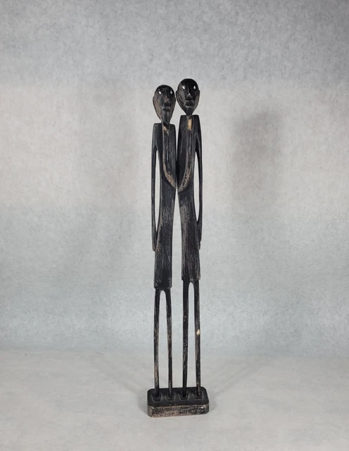 Vintage Folk Art Hand Carved Painted Black Wood Thin Man Sculpture 17"x3"