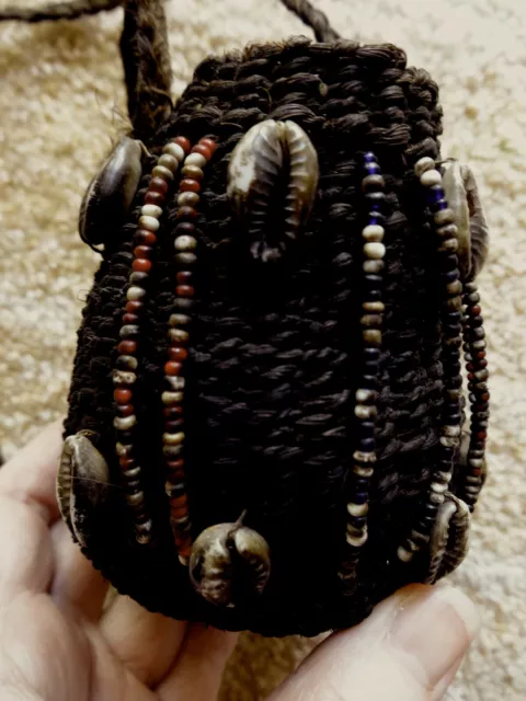 Nigerian Hausa Coiled Basket Bag Cowrie Shells & Beads, African Vintage Purse