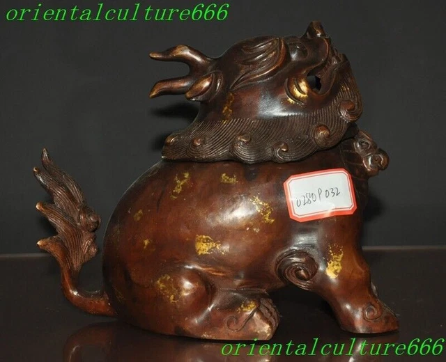 7.2"China bronze Feng shui wealth animal lion beast Incense burner Censer statue